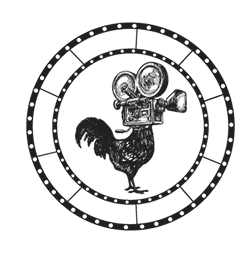 Silhouette d'un coq musicien jouant d'un instrument à vent, coiffé d'un chapeau, dans un cercle zodiacal à douze segments.